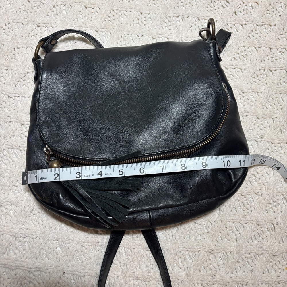 Vero Pelle Italian Made Leather Handbag Black Solid Tassel Flap Crossbody Purse - Picture 4 of 12
